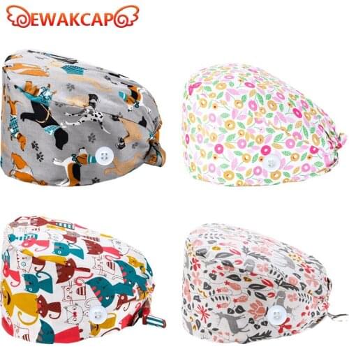 Women adjustable soft nursing surgicals hats cotton Work Cap Beauty Salon Beautician Scrubs Caps Breathable Scrubs Caps Buttons