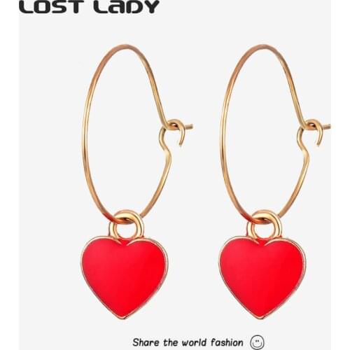 Lost Lady Trendy Korea Style Heart Pendant Hoop Earrings Cute Geometric Round Earrings for Women Party Jewelry Accessories