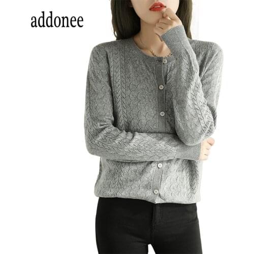 2020 New Style Spring Autumn Cashmere Wool Knit Women Female O-Neck Hollow Out Sweater Cardigan Coat Breathable Casual Fashion