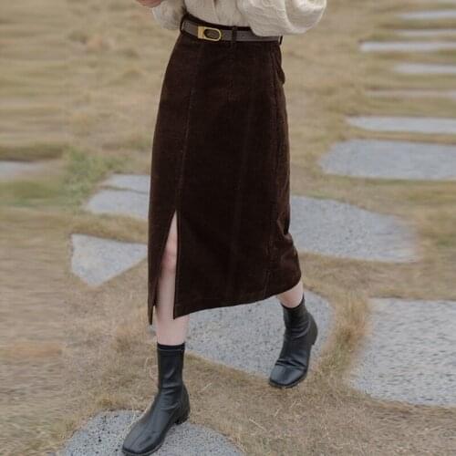 2021 new Women Autumn Shirt Corduroy Skirt 2PCS Set Cute Peter-Pan Collar Plaid Women Blouse Coffee Black Split Midi Skirt Sets