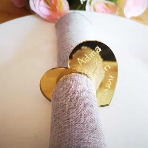 12Pcs Personalized Engraved Mirror Heart Hollow Out Design Custom Name Wedding Ring Decor Favors Tags Cards Acrylic Guest Gifts