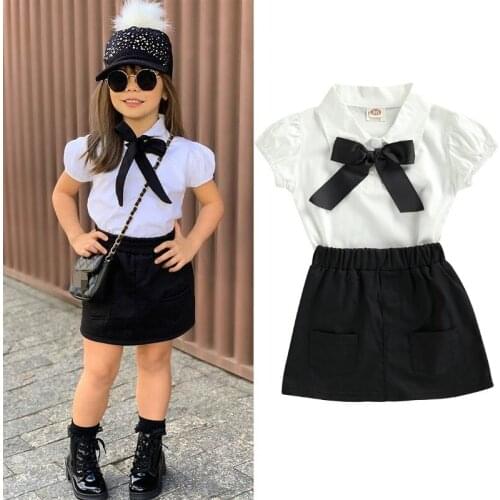 2021 Summer Kids Baby Girls Clothes Toddler Short Puff Sleeve Lapel Shirt +Pocket Straigh Skirts Sets Princess Kids Outfits 0-5Y