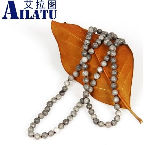 Ailatu Mens Jewelry Natural 8mm Grey Maifanstone Stone Beads Fashion Necklace or Bracelet Healing Balance Prayer Jewelry Gift