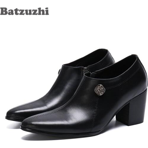 Batzuzhi 7.5CM High Heel Men Boots Pointed Toe Black Genuine Leather Ankle Boots Men Party and Wedding Footwear Zapatos Hombre