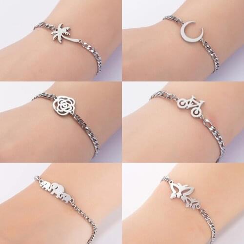 Silver Color Bohemian Moon Coconut Rose Bracelet Femme Stainless Steel Friendship Bracelets for Women Men Armband pulseria mujer