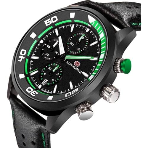 KunHuang Brand Fashion Sport Watch Men Chronograph Army Military Watches Leather Strap Waterproof Quartz Mens Watch Man Clock