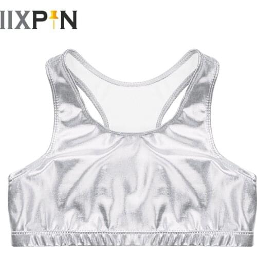 Kids Girls Ballet leotard Dance Tank Tops Shiny Metallic Sleeveless Racer Back Crop Top for Ballet Dance Stage Performance Tops