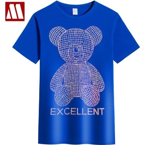 European Style Summer Fitness T-Shirt For Male Shinny Bear Drilling Cartoon Cotton Tops Mens Fashion Plus Size Short Sleeve Tees