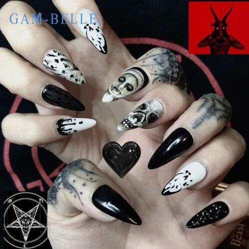 GAM-BELLE Professional False Nails Long Almond Gothic Black White Skeleton Fake Nail Tips Nail Art Decoration Manicure Tools