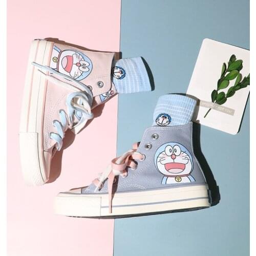Spring Autumn High-top Cute Anime Doraemon Canvas Shoes Girl Casual Sneakers Women Japanese Harajuku Pink Student Sports Shoes