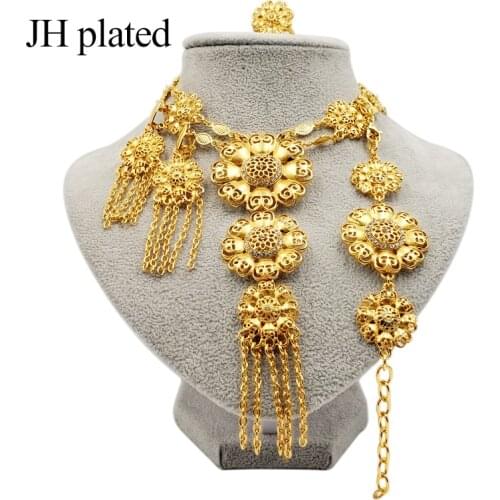 Jewelry sets new gold necklace earrings dubai african Indian bridal flowers jewelry sets necklace set gifts for women collares