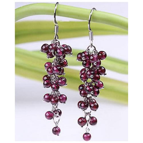Red Garnet Beads Cluster Grape White Gold Plated Hook Earrings