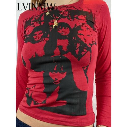 LVINMW Graphic T Shirts Long Sleeve Casual Stylish Printed Women Clothing Portrait O Neck Navel Slim Crop Top Autumn Streetwear