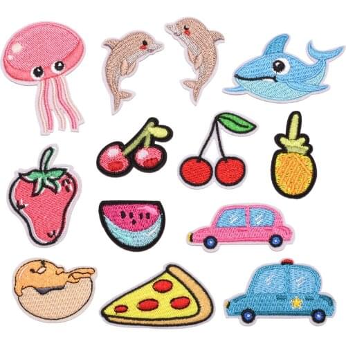 Cartoons Fruits food Dolphin The Sea Fishes Pizaa Cuttlefish Embroidered Patches For Children Clothing Shoes Sewing Applique