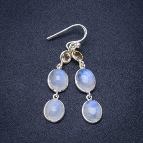 Natural Rainbow Moonstone and Citrine Handmade Unique 925 Sterling Silver Earrings 2" B2088