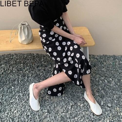 2021 New Summer Women Skirts High Waist Casual Fashionable Package Hip Elegant Print Floral Slim Split Lady Midi Skirts SK6165