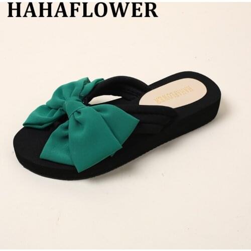 HAHAFLOWER New Summer Slippers Women Fashion Flip Flops Beach Platform Sandals Ladies Handmade Flowers Wedge Shoes