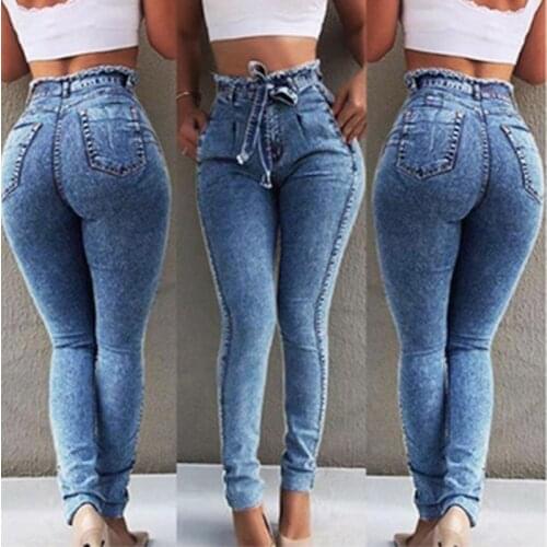 Brand New Womans Sexy Tight Denim Jeans Solid Color Bandage High Waist Slim Elastic Casual Long Pencil Pants Daily Life Wear