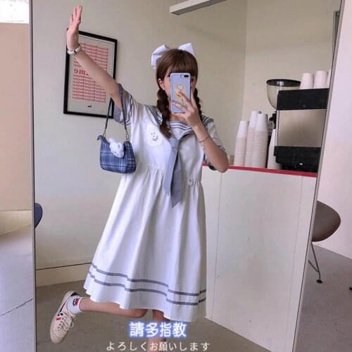 Y2K Japanese Kawaii Navy Sailor Student Loose Midi Dress For Women Summer College Style Short Sleeve Cute Soft Girl Lolita Dress