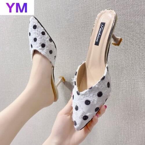 Plus Size35-39 Women Sandals Fashion Classic Dots Flock High Heels Shoes Pointed Toe Slip-On Paltform Wedding Women Dress Shoes