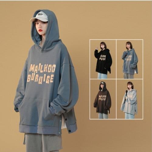 Spring Fall Letter Casual Unique Women Hoodie Split Button Loose Lady Hoodies Hooded Autumn Female Blue Gray Black Color Sweater