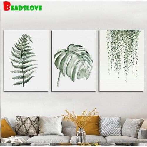 Plant Leave 5D Diy Diamond Embroidery 3 Piece,Triptych Diamond Painting Full Square Round Drill Diamond Mosaic Still Life Decor