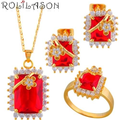 ROLILASON Lowest price Gold Tone rose Crystal Health Nickel & Lead free Earring Necklace Ring size #7 #9 Jewelry Set JS226