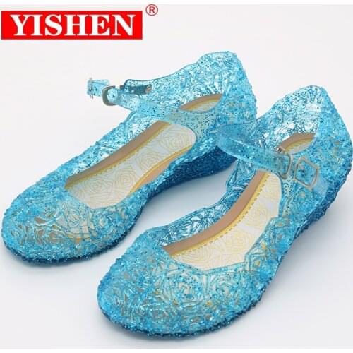 YISHEN 2021 New Kids Girls Crystal Jelly Sandals Princess Blue Cosplay Party Dance Shoes High-Heeled Children Shoes Baby Sandal