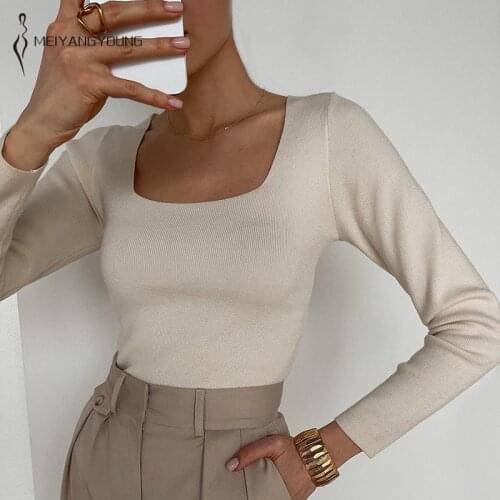 MEIYANGYOUNG Autumn Winter Sweater Pullovers Women Long Sleeve Casual Warm Basic Square Collor Sweater Female Knit Jumpers Top