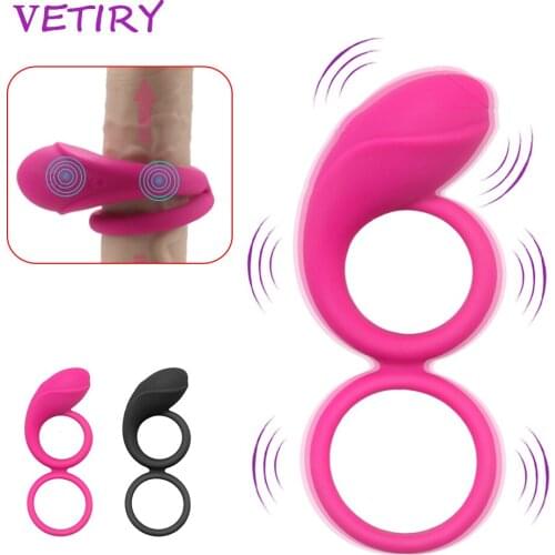 VETIRY Penis Ring Vibrator 10 Speed Sexy Dual Ring Cock Ring Couple Lover Sex Toys for Men Time Delay Lock Ring Soft Silicone