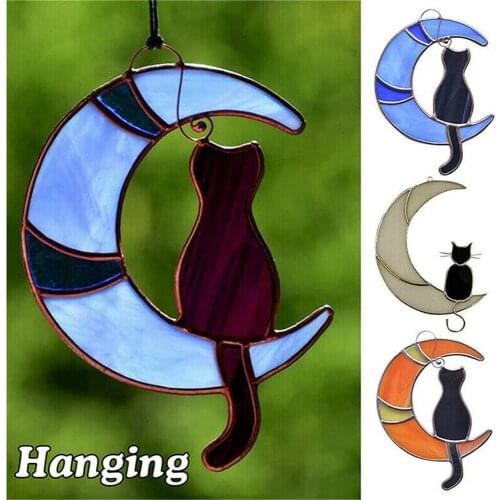Stained Glass Cat On The Moon Window Hanging Sticker Cat Lover Gift Pet Gift Black Cat On The Moon Home Decor