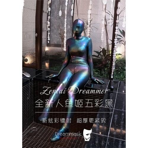 ZD002)Luxury Customize Shiny Colorful Black Mermaid Fetish Wear Zentai Suit Full Body Tights