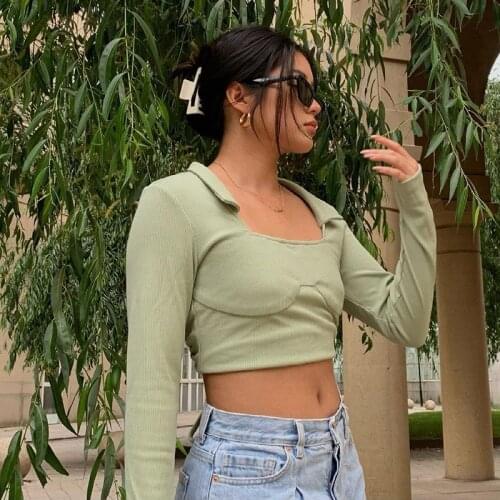 Womens T-Shirt Y2K Green Long Sleeve T Shirt Hollow Out Crop Top Turn Down Collar Casual Tshirt Women Ruched Tie Up Pullovers