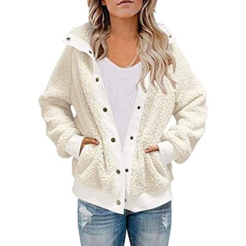 Autumn winter plush long sleeve double pocket button up jacket Streetwear casual jackets for women 2021 White khaki green coat