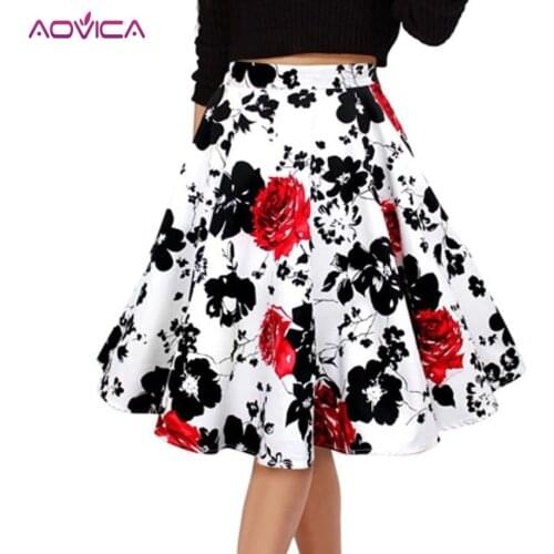 50s Vintage Woman Retro Red Rose Flower Bouquet Floral Print High Waist Midi Skirts Knee-Length Long Saia Feminina Ladies Skirt