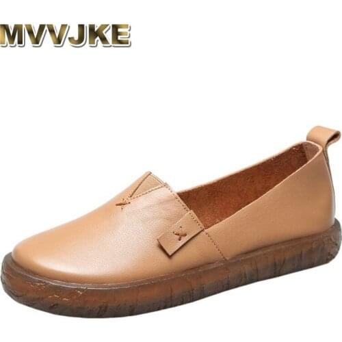 MVVJKE2020 New Autumn Genuine Leather Women Casual Shoes Slip-on Ballerinas Round Toe Retro Shallow Comfortable Ladies Shoes