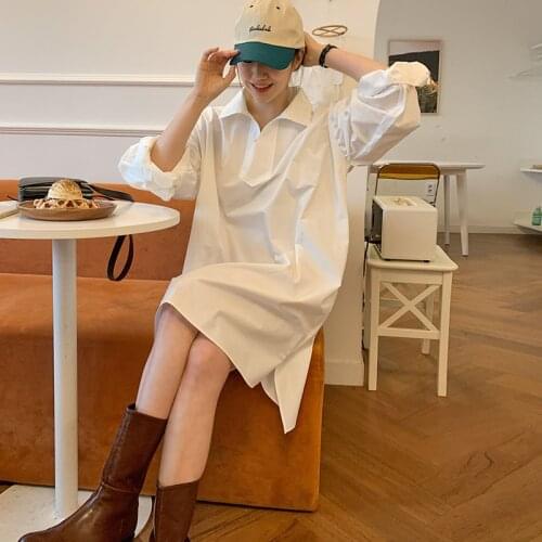 2021 New Women Summer White Loose Shirt Dress Knee Length Lapel Collar Straight Cozy Pullover Sundress