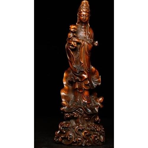 7" Chinese Boxwood Wood Carving TongZi Kid GuanYin Kwan-yin Goddess Buddha Statue