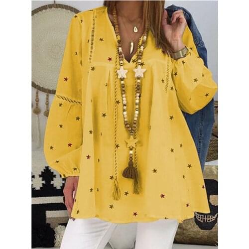 Womens Blouses Spring Autumn Star Print Shirts Hollow Out V-Neck Long Sleeve Blouse Womens Clothing 2021 Casual Loose Y2K Tops