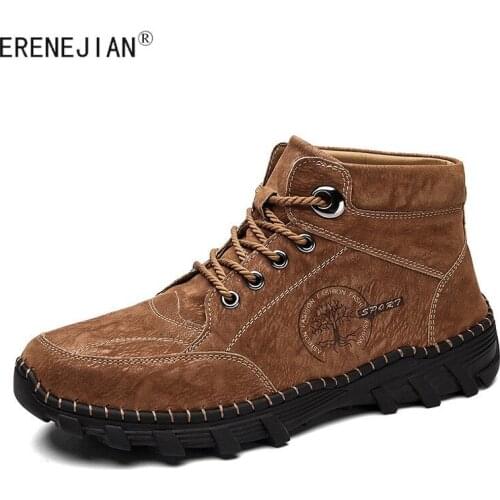 ERENEJIAN Man Fashion Leather Ankle Boots Waterproof Outdoor Hiking Trekking Shoes High Top Casual Botas Footwear Big Size 38-48