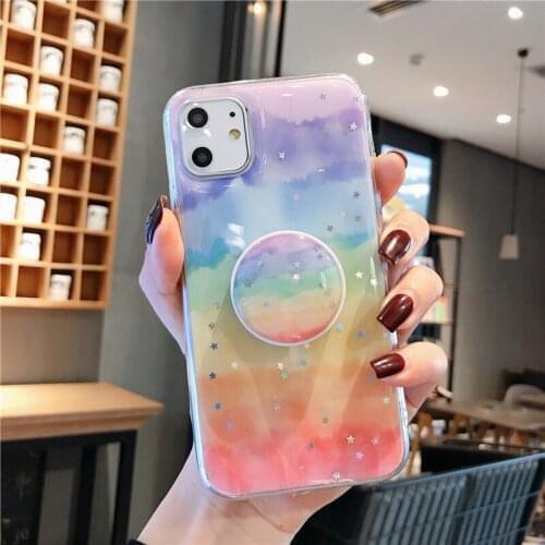 For iPhone SE 2020 11 Pro X XR XS Max 6 6S 7 8 Plus Case Stand Fashion Glitter Bling Rainbow Star Silver Powder Back Funda Cover