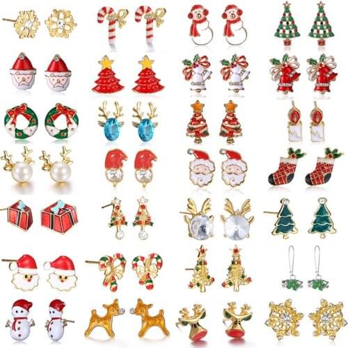 Hot Sale Christmas Jewelry Lovely Snowman Santa Claus Deer Bells Snowflake Stud Earrings For women birthday 12PCS/LOT