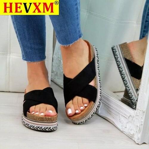 HEVXM Women Slippers Summer Solid Ethnic Wind Cross New Women Shoes Thick Bottom Seaside Beach Outdoor Ladies Plus Size Slippers