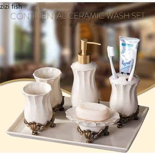 Classical Ceramic Bathroom Set Portable Soap Dispenser Toothbrush Holder Mouthwash Cup Resin Base High Quality Bath Supplies