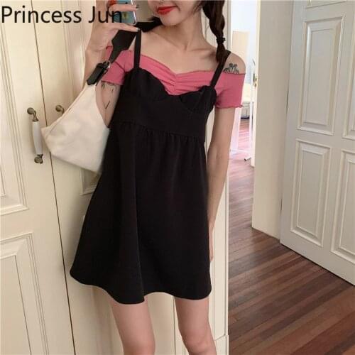Sexy Fashion 2 Piece Sets Small Girl Outfits Slash Neck Straps Sling Mini Dress&Pink Tee Lining Crop Top Summer 2pc Skirt Suit