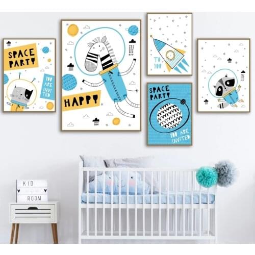 Cartoon Animals Painting Astronaut Rocket Space Planet Giraffe Cat Raccoon Poster for Kids Room Nursery Wall Art Decor Picture