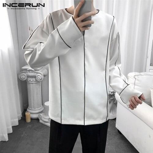 2021 Men Casual Shirt Korean High Street V Neck Long Sleeve Fashion Brand Blouse Color-block Loose Breathable Camisa 5XL INCERUN