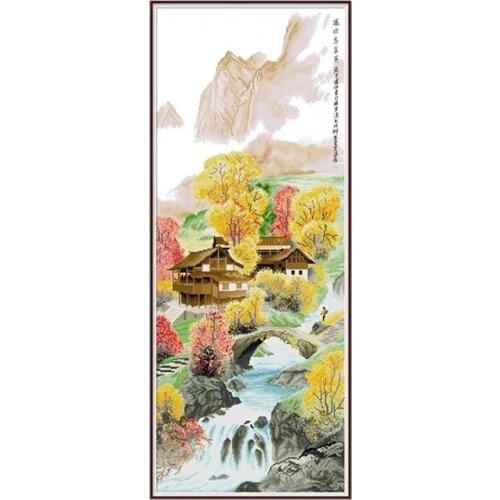 Autumn Mountain River Landscape VerticalPainting Stamped Cross Stitch Kit Embroidery needlework set