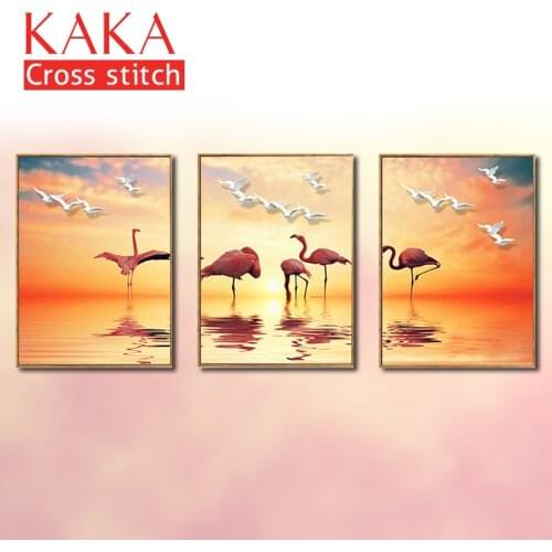 KAKA Cross stitch kits Embroidery needlework sets with printed pattern,11CT canvas,Home Decor for garden House,5D Flamingo Sea