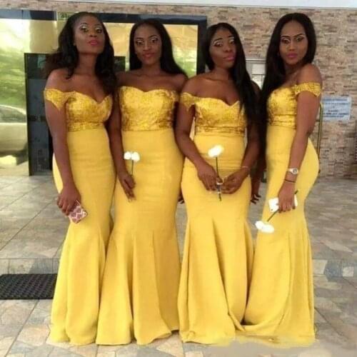 2019 Yellow Cheap Mermaid Bridesmaid Dresses Off Shoulder Satin Wedding Party Gowns Formal Gowns Maid Of Honor Dress
